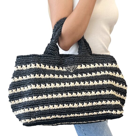 PRADA Vintage Triangle Logo Canapa Tote Bag Handbag Black Beige Raffia [106401] - Picture 1 of 15